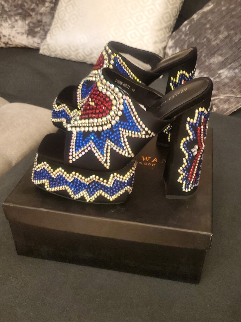 AZALEA WANG  Black Platform Mules Embellished With Red, Silver And Blue Crystals